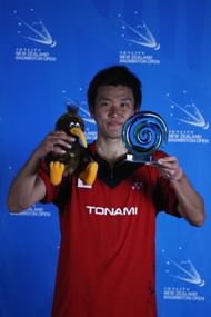 Takeshita Riichi of Japan celebrates after winning the New Zealand Badminton Open Men's Singles final match between Takeshita Riichi of Japan and Xue Song of China at North Shore Events Centre on April 14, 2013 in Auckland, New Zealand. (Photo by Hannah Johnston/Getty Images)